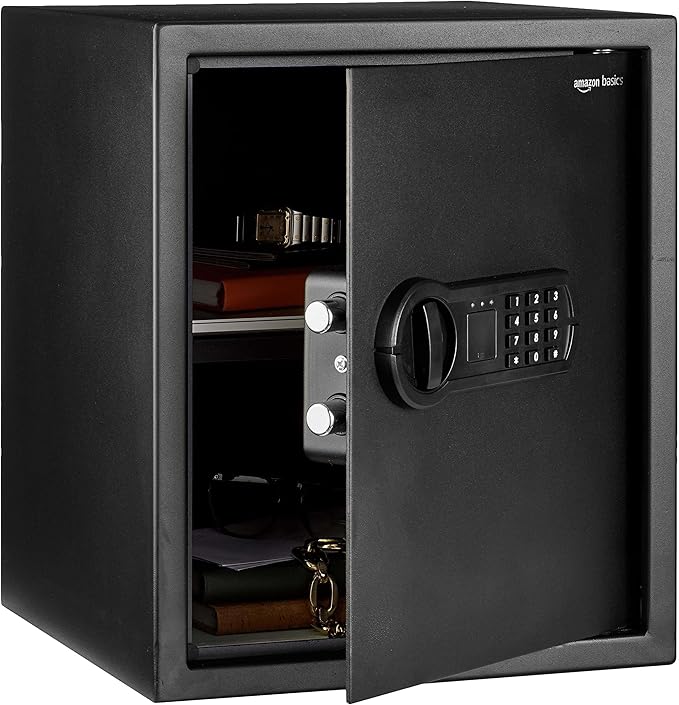 Amazon Basics Steel Home Security Safe with Electronic Keypad, Programmable Combination Lock for Documents, Jewelry, Valuables, Removable Shelf, 1.52 Cubic Feet, Black, 13.8"W x 13"D x 16.5"H