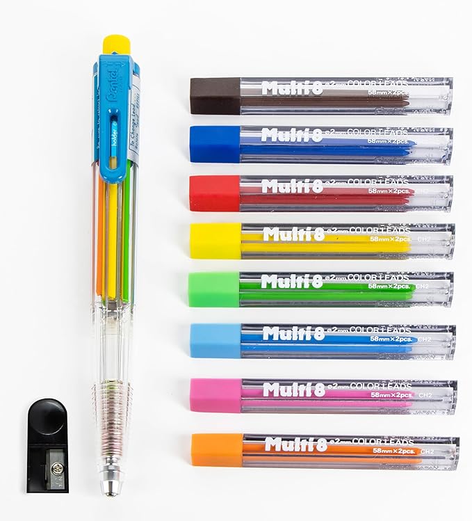 Pentel 8 Color Automatic Pencil Box Set, Assorted Accent Clip Colors, 8 Color Lead Refills and Sharpener (PH158-ST)
