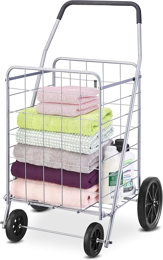 Whitmor Deluxe Utility Foldable Shopping Cart with Wheels, 100 Lb Capacity, Heavy Duty Grocery Cart with Steel Frame, Foam Handle, Rolling Folding Utility Trolley for Grocery, Laundry, Travel, Gray