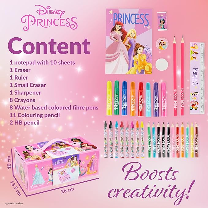Disney Stitch Kids Colored Pencils Drawing Kit Art Set for Girls Boys Stationery with Notepad Crayons Markers Travel Case Gifts for Kids (Pink Princesses)