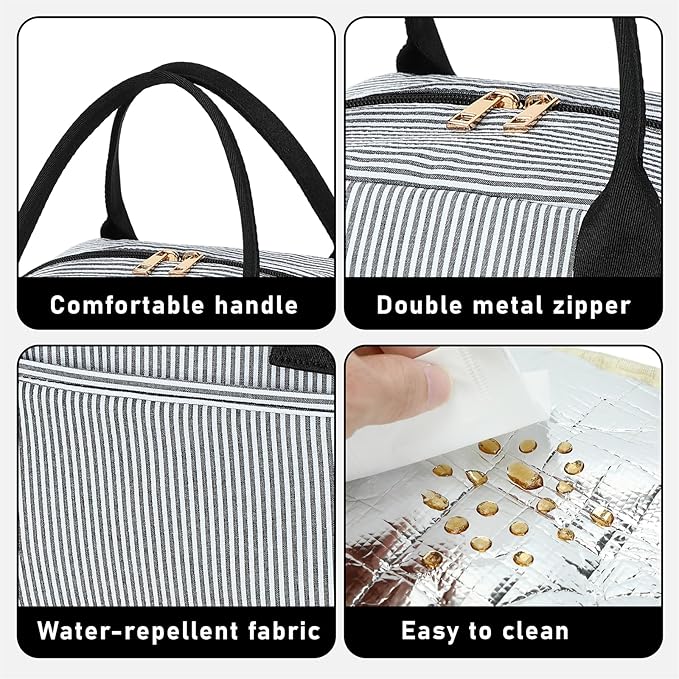 CAMTOP Lunch Box for Women Men Insulated Lunch Bag Lunch Tote Bag Leakproof Thermal Cooler Large Capacity for Travel Work School Picnic (Black white stripes)