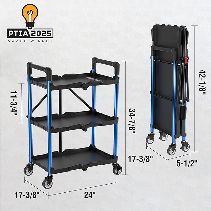 WORKPRO 3-Tier Collapsible Service Cart, 210 LBS Foldable Utility Service Cart with Wheels, Portable Tool Cart for Garage, Warehouse, Home, Restaurant, Office (No Assembly Required)
