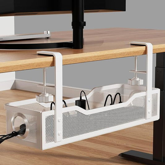 Under Desk Cable Management Large, Cinati 16" Cable Management Box for Table Thickness up to 3", Wire Cord Organizer with Clamp No Drill, No Damage to Desk (White)