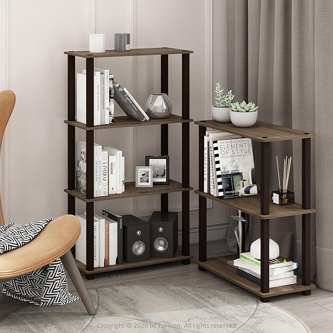 Furinno TURN-S-TUBE Storage Shelves, 3-Tier Book Shelf, Corner Shelf, Toolless Open Shelves, for Organization and Storage, Living Room, Garage, Home Office, Walnut