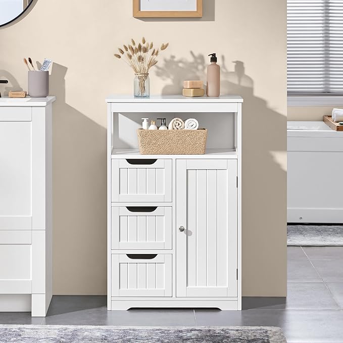 Yaheetech Bathroom Floor Cabinet Wooden Storage Organizer with 1 Door and 3 Drawers, Free-Standing Cupboard for Kitchen/Living Room/Bathroom Use, White