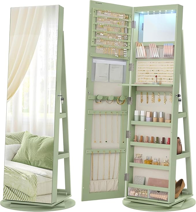 SONGMICS 6 LEDs Lockable Mirror Jewelry Cabinet, 360° Swivel Jewelry Organizer Armoire Standing, Frameless Full-Length Mirror, 3 Storage Shelves, Laurel Green Surface, Cream White Lining UJJC007C01