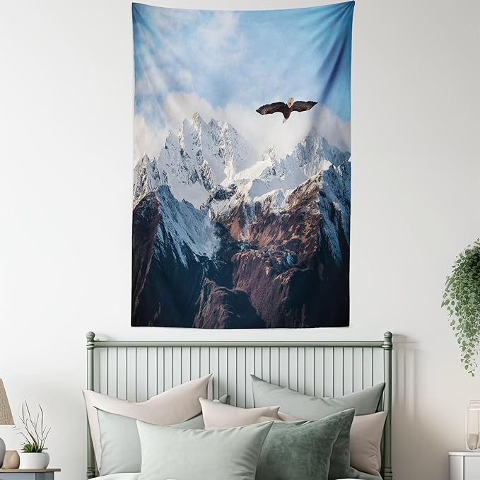 Ambesonne Mountain Tapestry Twin Size, Frozen Peaks Tops of the Mountain with a Flying Eagle Free in Nature Photo, Wall Hanging Bedspread Bed Cover Wall Decor, 68" X 88", Brown White Blue
