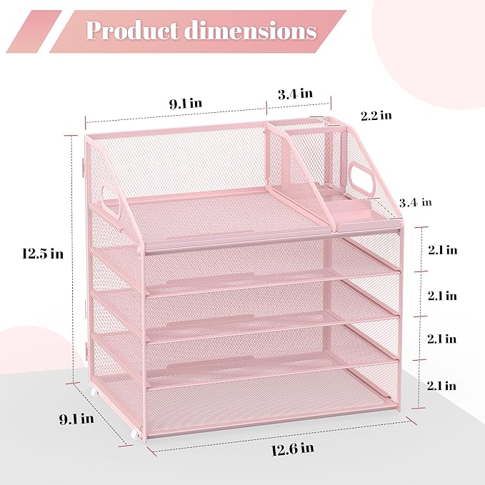 Letter Tray Paper, 5 Tier Desk Organizer with Pen Holder and Handle, Mesh File Organizer Paper Sorter Metal Desktop Document Shelf for Office Home Classroom - Pink