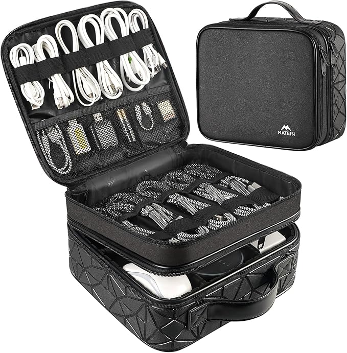 MATEIN Cable Organizer Bag, Waterproof Travel Electronic Storage, Shockproof Portable Double Layer Tech Bags Carrying Case for Cord, Earbuds, Charger, SD Card, DJ Gifts, Black