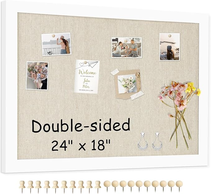Double-Sided Large Cork Board with Linen, 24" x 18" Hanging Wood Framed Bulletin Board, Picture Display Vision Board Corkboards for Wall Room School Office Decor, 20 Pushpins,1pack