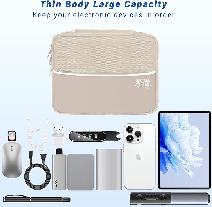 Electronics Organizer,Travel Cord Organizer Pouch, Portable Cable Organizer Bags, Waterproof Electronic Accessories Storage Case for Cables, Cords, Charger, Phone (Double Layer-Beige)