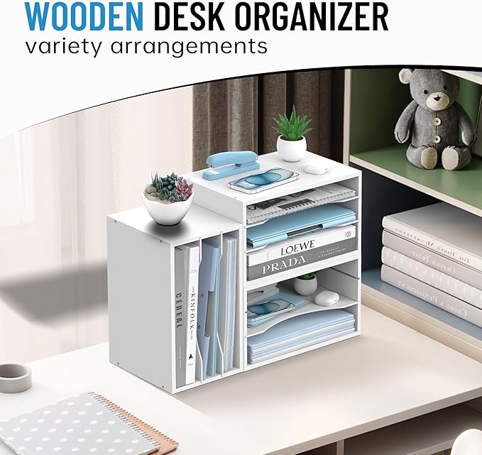 Wood Desk Organizer, 3 Tier Paper Tray Organizer for Desk with Adjustable Storage Shelves, Desktop File Organization Paper Sorter Mail Holder for Office Home Classroom, White
