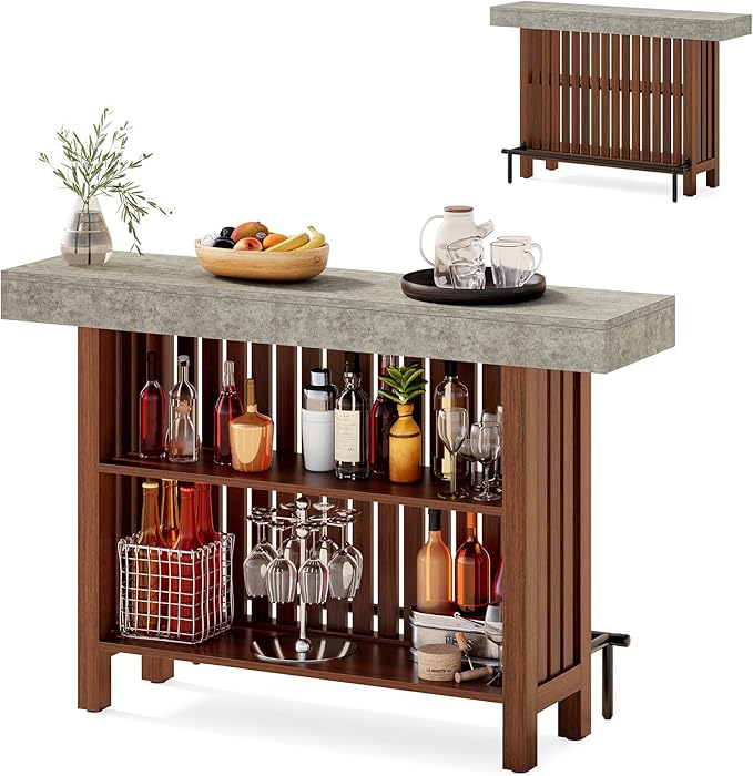 LITTLE TREE 63-Inch Home Bar Table, 2-Tier Storage Shelf Mini Bar Unit, Kitchen Pub Table, Small Indoor Bar Counter, Grey + Rustic Brown