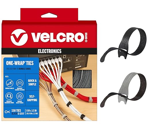 VELCRO Brand 150pk Cable Ties Value Pack, 8in | Gifts for Tech Lovers | For Wire Management and Cord Organizer | Replace Zip Ties with Reusable Straps, Reduce Waste