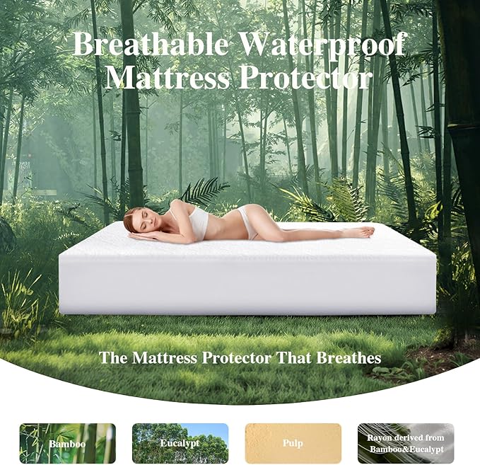 King Mattress Protector, Waterproof Mattress Pad Washable Rayon Mattress Cover Breathable Noiseless Bed Protector 3D Patterns 5" - 21'' Elastic Fitted Deep Pocket(White)