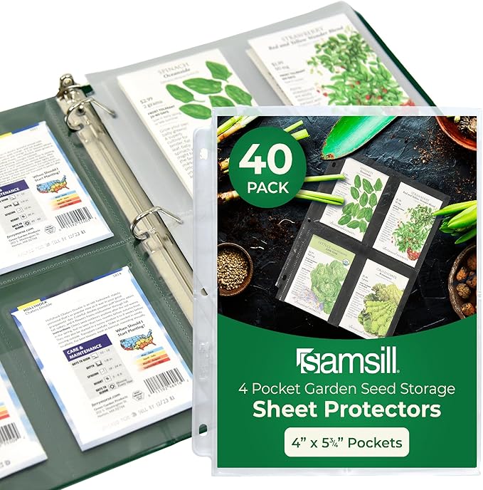 Samsill 4 Pocket Garden Seed Storage Sheet Protectors, 40 Pack, Fits Standard 3 Ring Binder, 4" x 5.75" Ultra Clear Pockets, Top Loading Seed Organizer Sleeves, 160 Pockets