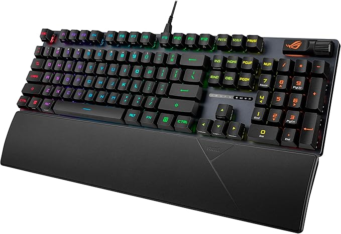 ASUS ROG Strix Scope II Gaming Keyboard, pre-lubed ROG RX Red Linear Optical switches, Sound-dampening Foam, PBT doubleshot keycaps, Streaming hotkeys, Multi-Function Controls, Wrist Rest