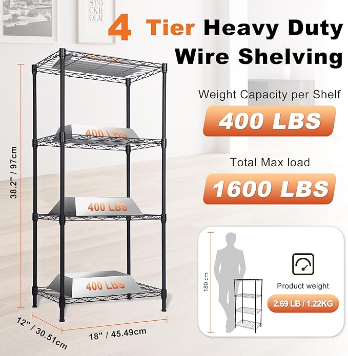 Whitmor 4 Tier Storage Shelves, Heavy Duty Metal Shelving, 400 lbs Capacity per Shelf, 1600 lbs Total, Easy Assembly for Kitchen, Garage, Plant, 18" L x 12" W x 38" H, Black