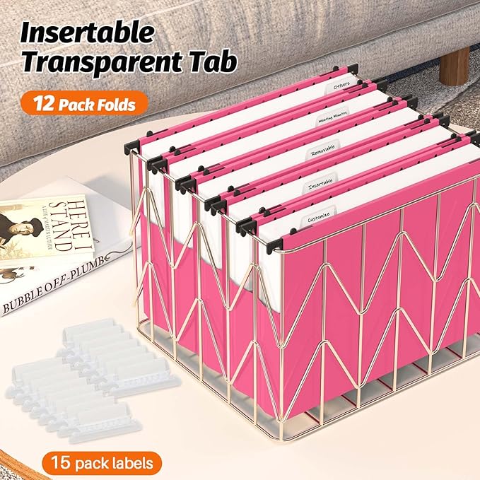 Extra Capacity Plastic Hanging File Folders,12 Pack Reinforced Expanding Hang Folder Letter Size,Accordian Pocket,Heavy Duty 2 Inch Expansion, Hard Hanging Folder Organizer for Office Home,Pink
