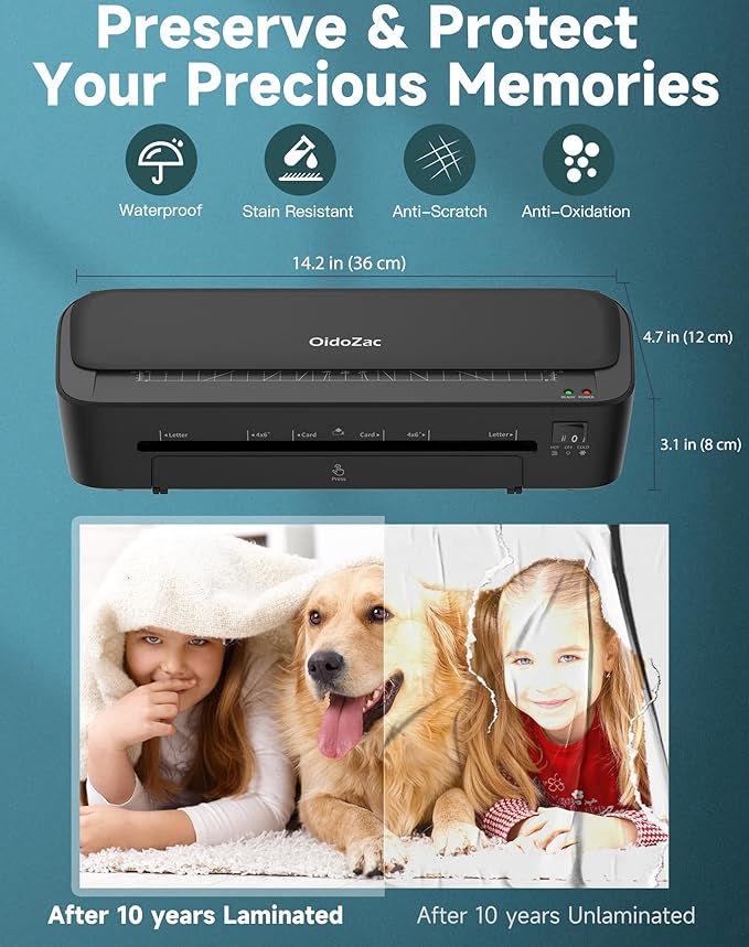 Laminator Machine, 11 in 1 Laminating Never Jam Technology with 36 Laminating Sheets, 9 Inch Thermal Laminator A4 Laminating Machine Hot & Cold Mode for Home Office School Black