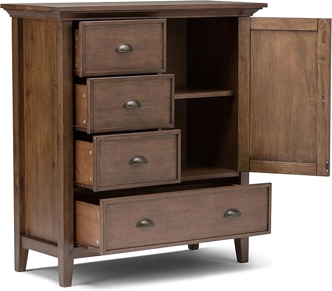 SIMPLIHOME Redmond SOLID WOOD 39 inch Wide Transitional Medium Storage Cabinet in Rustic Natural Aged Brown with 3 Small Drawers, 1 Large Drawer