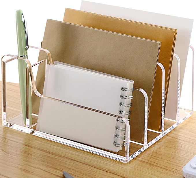 SANRUI Acrylic Mail Organizer, 5 Compartments File Holder for Desk,Letter Sorter with Pen Holder,Desk Organizers and Accessories,Clear Cute Mail Sorter