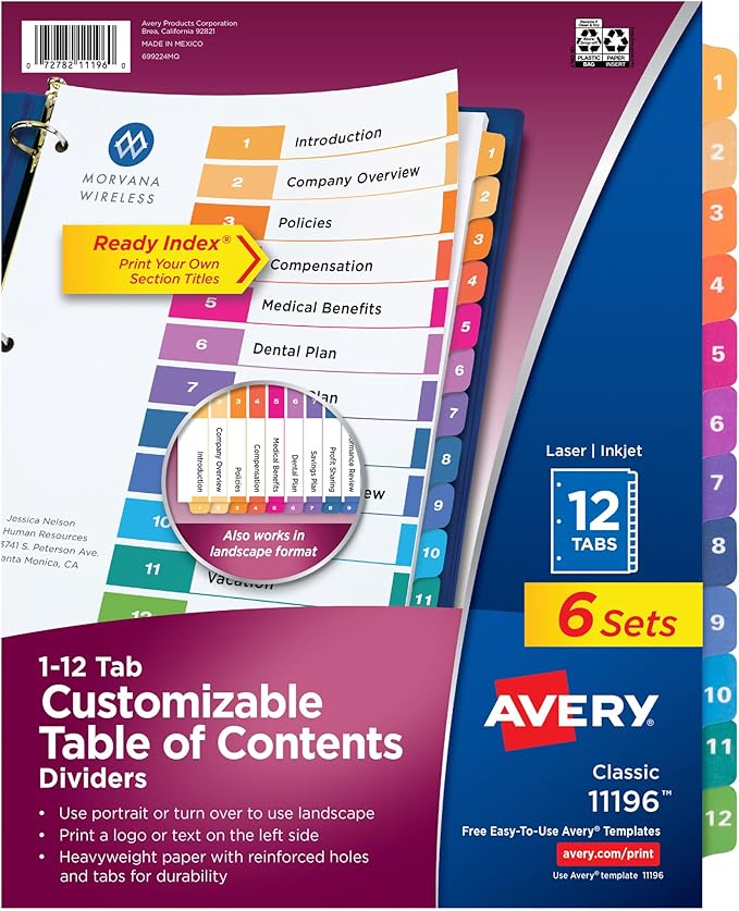 Avery 12 Tab Dividers for 3 Ring Binders, Customizable Table of Contents, Multicolor Tabs, 6 Sets (11196)