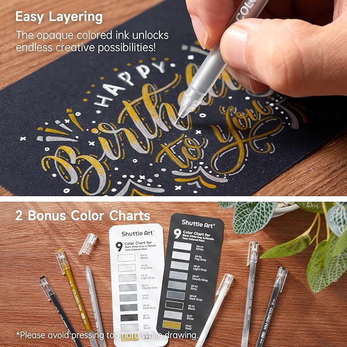 Shuttle Art Colored Pens, 22 Black White Gray & Metallic Tone Colors Cute Journal Pens 0.6mm Fine Point Colored Gel Pens for Black Paper Writing Drawing Journaling Note Taking School Office Home