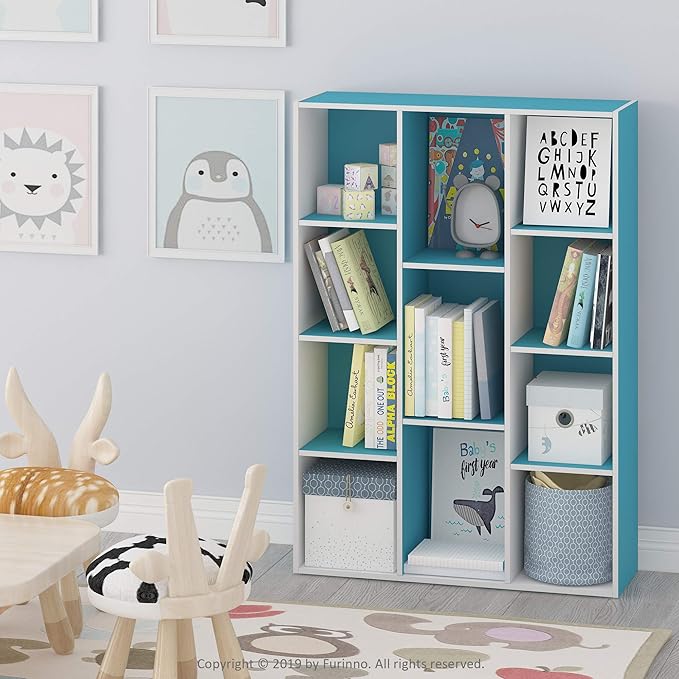 Furinno LUDER Book Shelf, 11-Cube Bookshelf, Reversible Bookcase, 9.4 x 29.1 x 41.7, for Living Room, Bedroom, Home Office, White/Light Blue