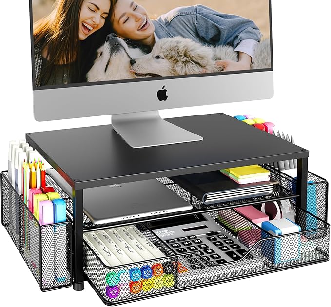 OPNICE Desk Organizer and Accessories, 2-Tier Computer Monitor Stand Riser with Drawer and 2 Pen Holders, Laptop Stand, Office Desk Accessories for Office Supplies, Black
