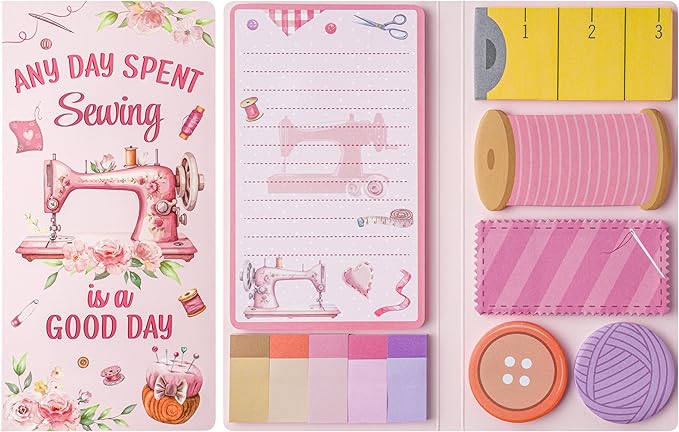 Xqumoi Retro Sewing Sticky Notes Set - Any Day Spent Sewing is A Good Day Self-Stick Note Pads Teacher Appreciation Notepads Writing Memo Pad Page Marker Back to School Office Supplies (Pink)