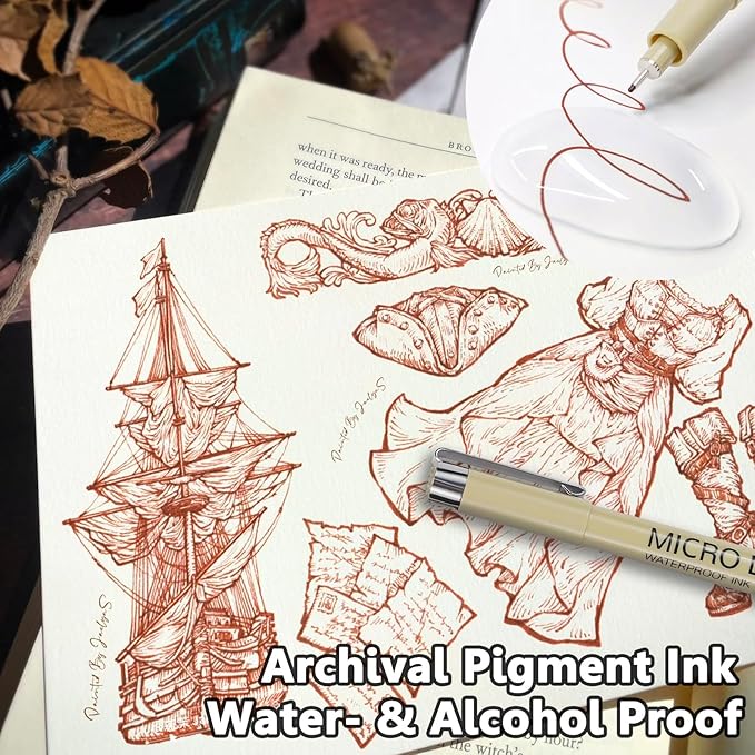 Muchcute Micro Fineliner Drawing Art Pens: 6 Sepia Fine Line Waterproof Ink Set Artist Supplies Brown Archival Inking Marker Liner Sketch Outline Manga Anime Gifts Sketching Watercolor Zentangle Stuff