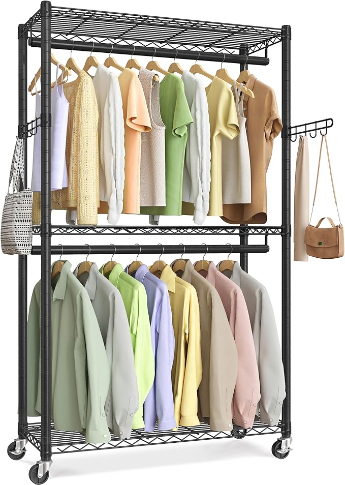 SONGMICS Heavy-Duty Rolling Clothes Rack, Garment Rack, Portable Closet, 35.4-Inch Wide Clothing Rack on Wheels, with Adjustable Mesh Shelves and Hanging Rails, Hooks, Ink Black ULGR413B01
