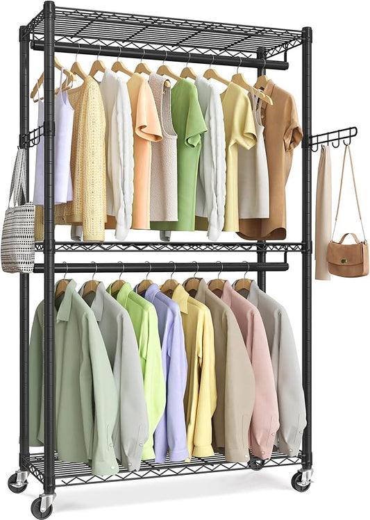 SONGMICS Heavy-Duty Rolling Clothes Rack, Garment Rack, Portable Closet, 35.4-Inch Wide Clothing Rack on Wheels, with Adjustable Mesh Shelves and Hanging Rails, Hooks, Ink Black ULGR413B01