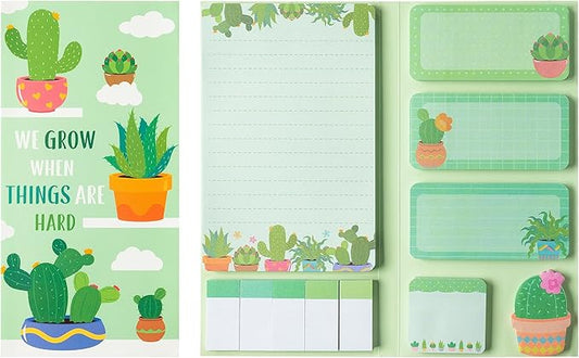Xqumoi We Grow When Things are Hard Sticky Notes Set, 550 Sheets, Cute Cactus Shaped Self-Stick Notes Pads Plant Divider Tabs Bundle Writing Memo Pads Back to School Office Supplies Small Gift