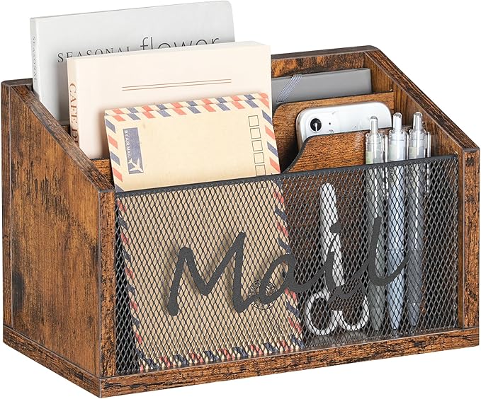 Mail Organizer Countertop, Mail Holder with 3 Slots, Mail Sorter for Desk, Wooden Office Desk Organizer, Mail Organizer for Magazines, Files, Papers, Folders, Rustic Brown and Black MR03BR