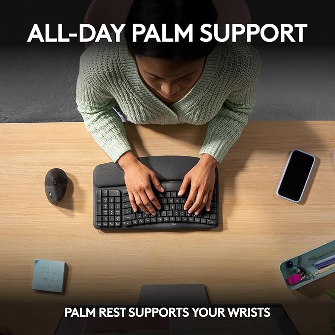 Logitech Wave Keys Wireless Ergonomic Keyboard with Cushioned Palm Rest, Comfortable Natural Typing, Easy-Switch, Bluetooth, Logi Bolt Receiver, for Multi-OS, Windows/Mac - Graphite