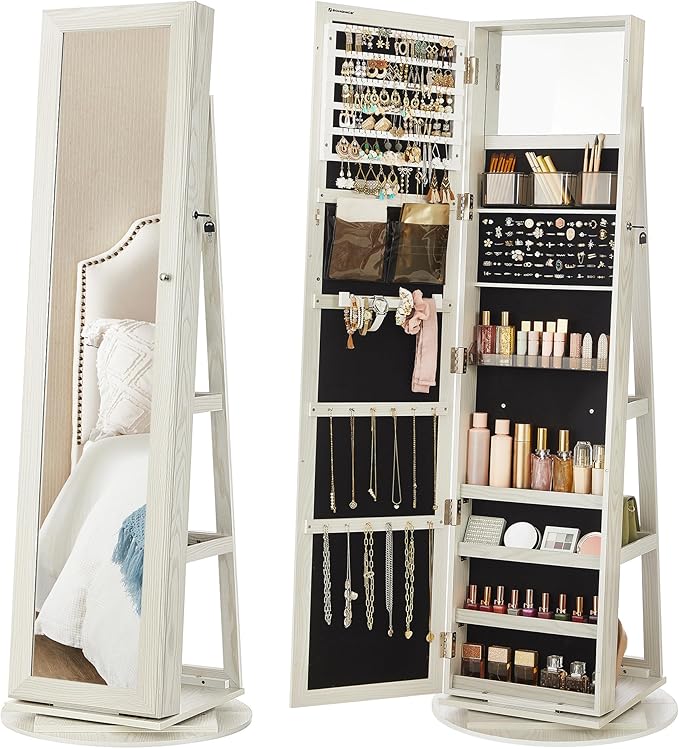 SONGMICS 360° Swivel Jewelry Cabinet, Lockable Jewelry Organizer with Full-Length Mirror, Rear Storage Shelves, Interior Mirror, Jewelry Armoire, Gift Idea, White with Gray Wood Grain UJJC006W01