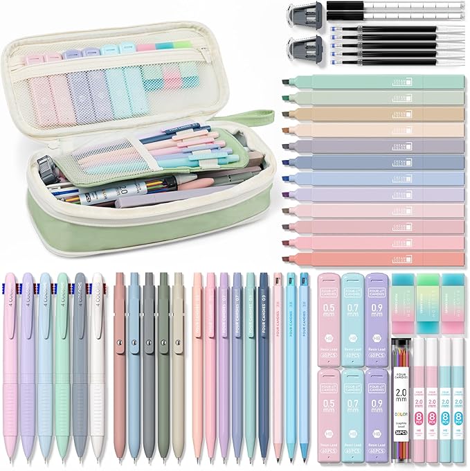 Four Candies 56 PCS Aesthetic School Supplies with Pencil Case, 6 Multicolor Pen, 12 Pastel Highlighters, 5 Gel Pens Black Ink, 9 Mechanical Pencils for Student Stationary Set Preppy Stuff (Green)