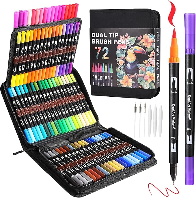 Art Markers Pens Dual Tip Coloring Markers Set with Brush & Fine Nib for Adult Coloring Book Christmas Gifts Professional Calligraphy & Drawing Art Supplies Kit for Adults (72 Colors)