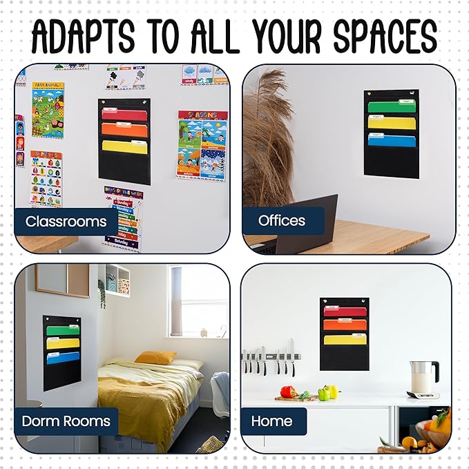 Essex Wares - 3 Pocket File Pocket Chart, Black, 14" Wide x 19.5" Tall - Versatile Wall Hanging File Folder Organizer for Classroom, Office, Home, and More - Wall Folder Organizer - 3 Pockets