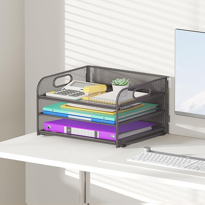 3 Tier Paper Organizer with Handle, Metal Desk Organizer Mesh Paper Letter Tray Desktop File Folder Document Sorter for Classroom, School, Office Accessories Organization and Storage - Grey