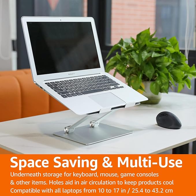 Amazon Basics Sturdy and Portable Ergonomic Laptop Stand for Desk, Height Adjustable Riser with Ventilated Cooling, Foldable, Fits all Laptops up to 17.3 Inch, Silver, 10 x 8.7 x 6 in