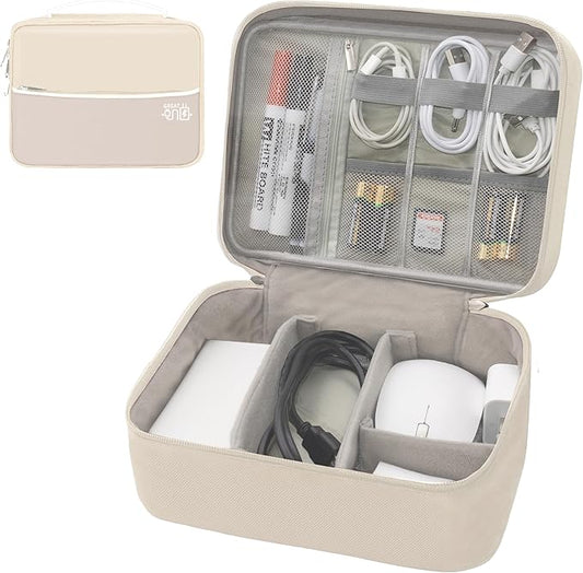 Electronics Organizer,Travel Cord Organizer Pouch, Portable Cable Organizer Bags, Waterproof Electronic Accessories Storage Case for Cables, Cords, Charger, Phone (Double Layer-Beige)
