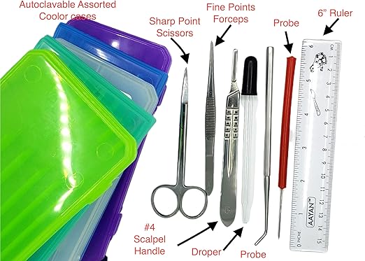 Precision Plus Dissection Kit - 24-Piece Biology Kit - 9 Stainless Steel Instruments - Extra Blades & T-Pins - Biology Students & Faculty – Assorted Color Cases