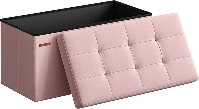 SONGMICS Mazie Collection - 30 Inches Folding Storage Ottoman Bench, Ottoman Foot Rest, End of Bed Bench, Storage Chest, Load 660 lb, for Living Room, Bedroom, Entryway, Jelly Pink ULSF047R11