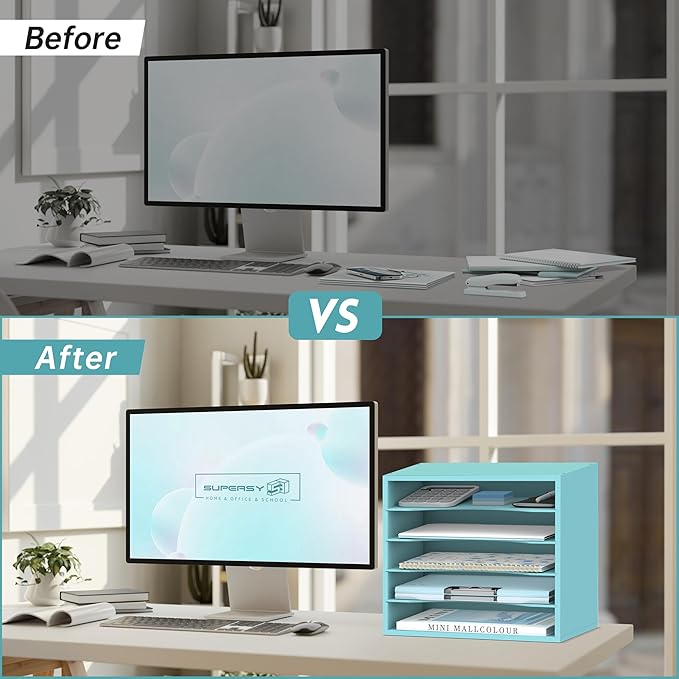 SUPEASY Wood Desk Organizer, 5 Tier Paper File Organizer for Desk, Wooden Desktop Organizer, Paper Letter Literature Mail Sorter, for Office School & Home Organization, Blue