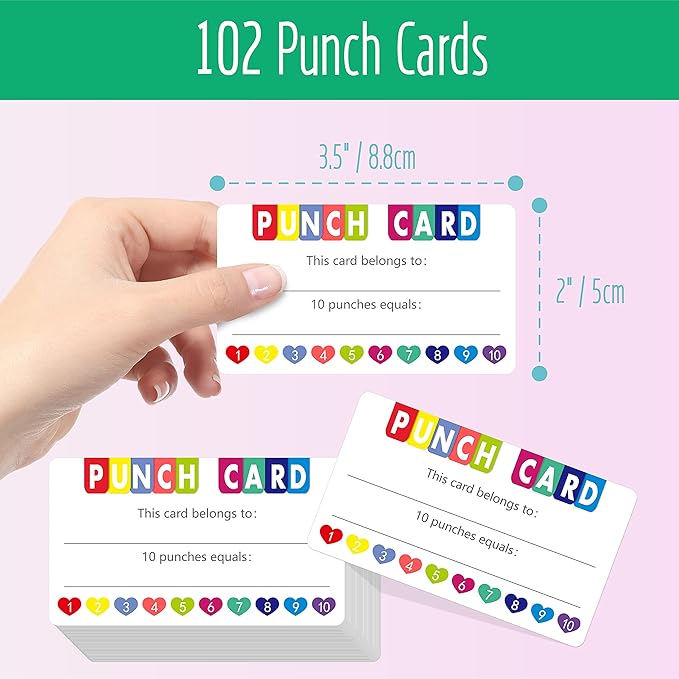 102 PCS Punch Cards, Heart Shaped Incentive Reward Cards Business Size Student Award Cards Boost Creativity & Skills Development for Business, Classroom, Kids Behavior, Students, Teachers, 3.5” x 2”