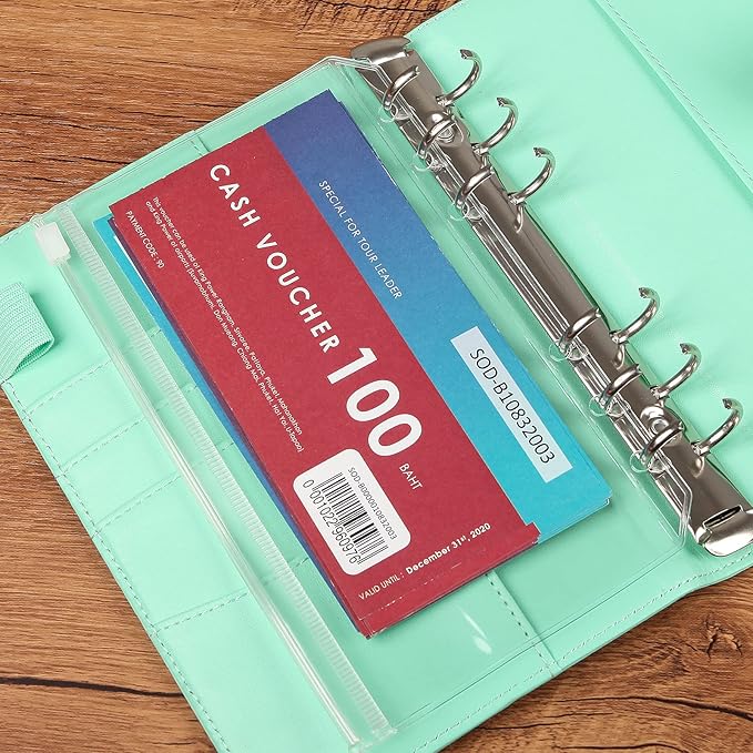 60pcs Binder Pockets 6 Holes Zipper Folders Transparent PVC Card Loose Leaf Bags Cash Envelopes for Budgeting Binder Waterproof Document Filing Bags for 6 Ring Notebook Planner Inserts