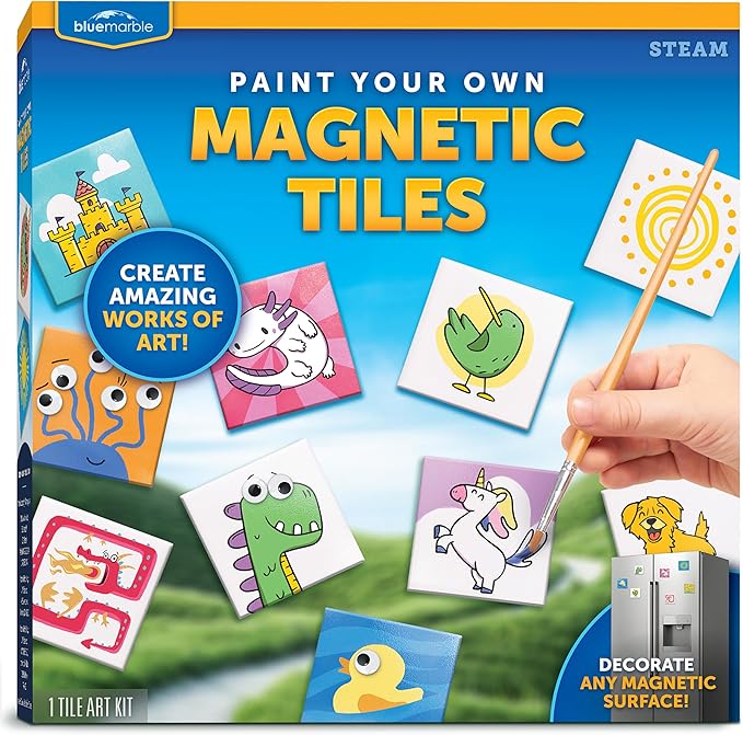 Blue Marble Magnetic Tile Art Craft Kit - Paint Your Own Magnetic Mini Tiles, Includes 10 Tiles, Magnets, 6 Paints, Brush, Googly Eyes & Transfer Stickers, Magnet Art Kit, DIY Magnets for Kids